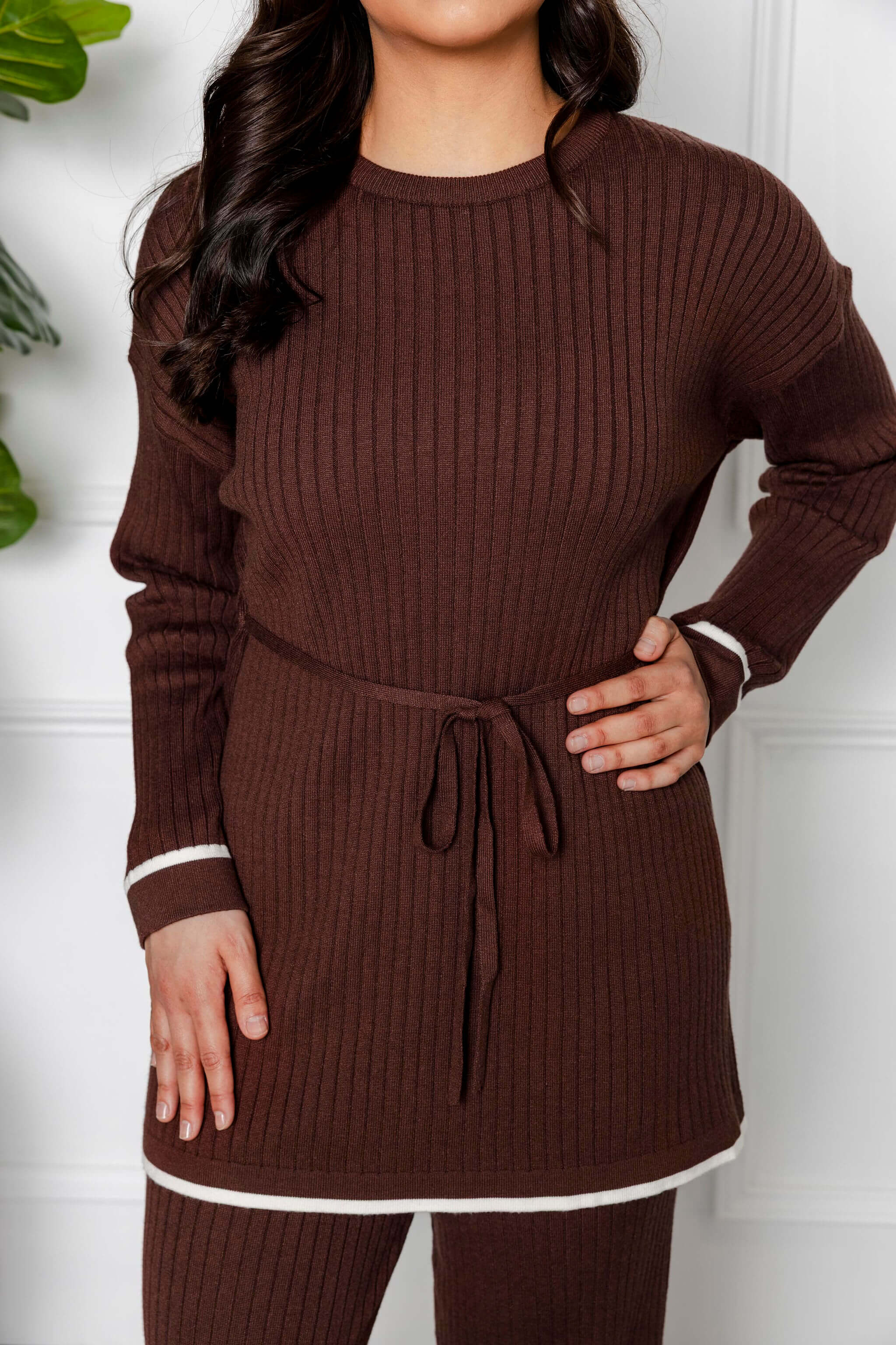 Sana Ribbed Knit Two Piece Set - Brown