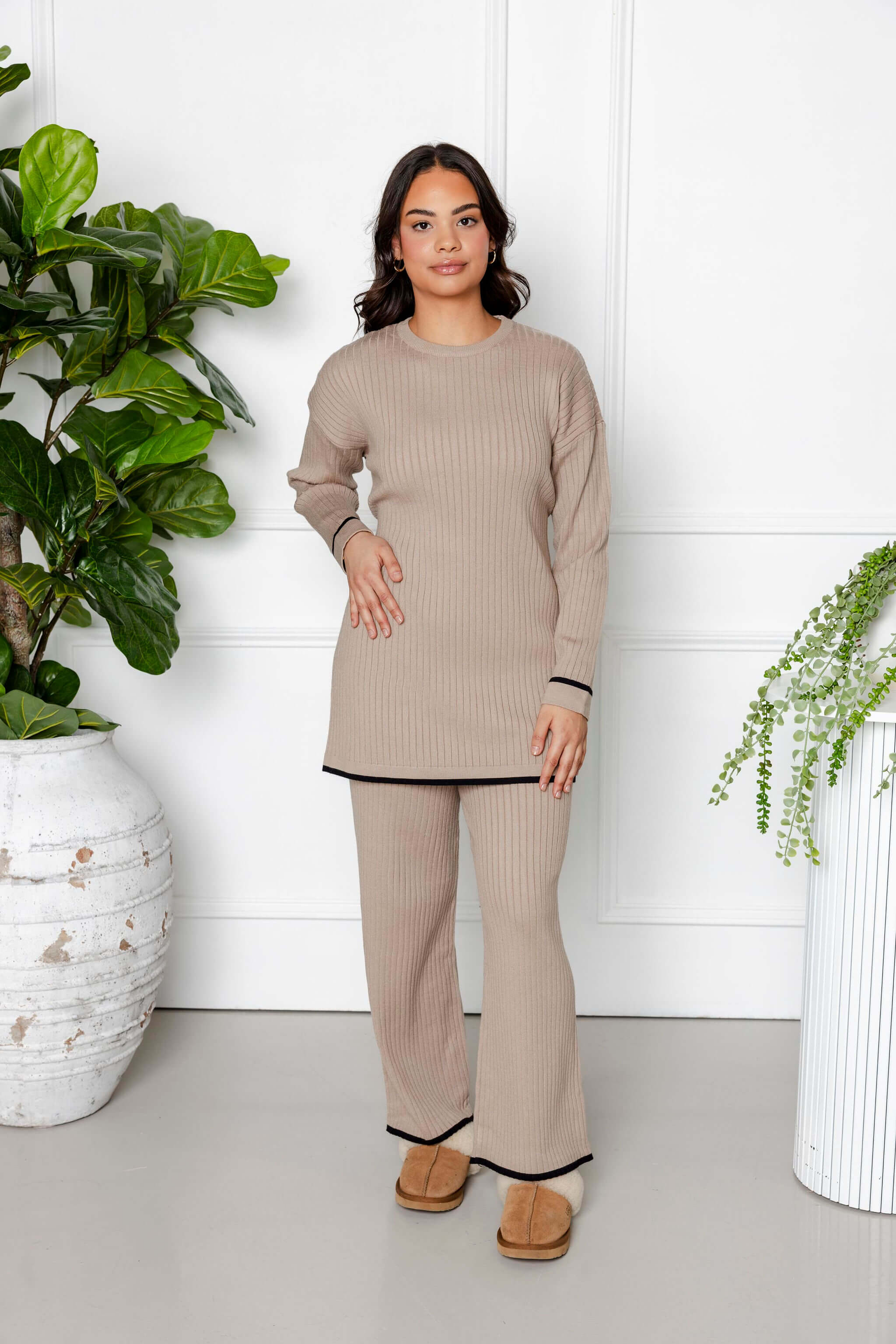 Sana Ribbed Knit Two Piece Set - Beige