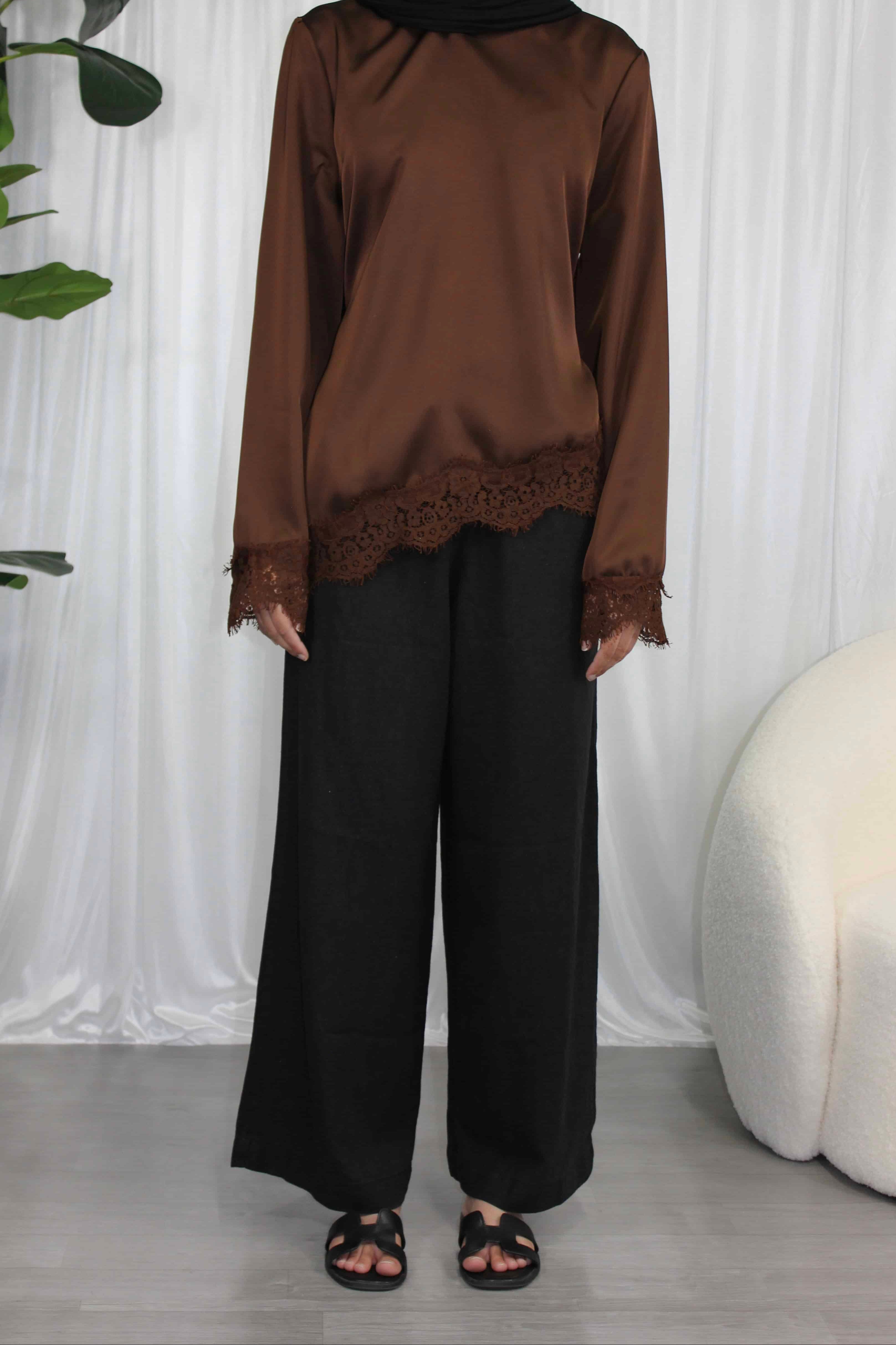 Brown Lace Trim Blouse