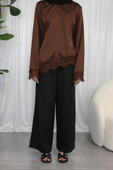 Brown Lace Trim Blouse