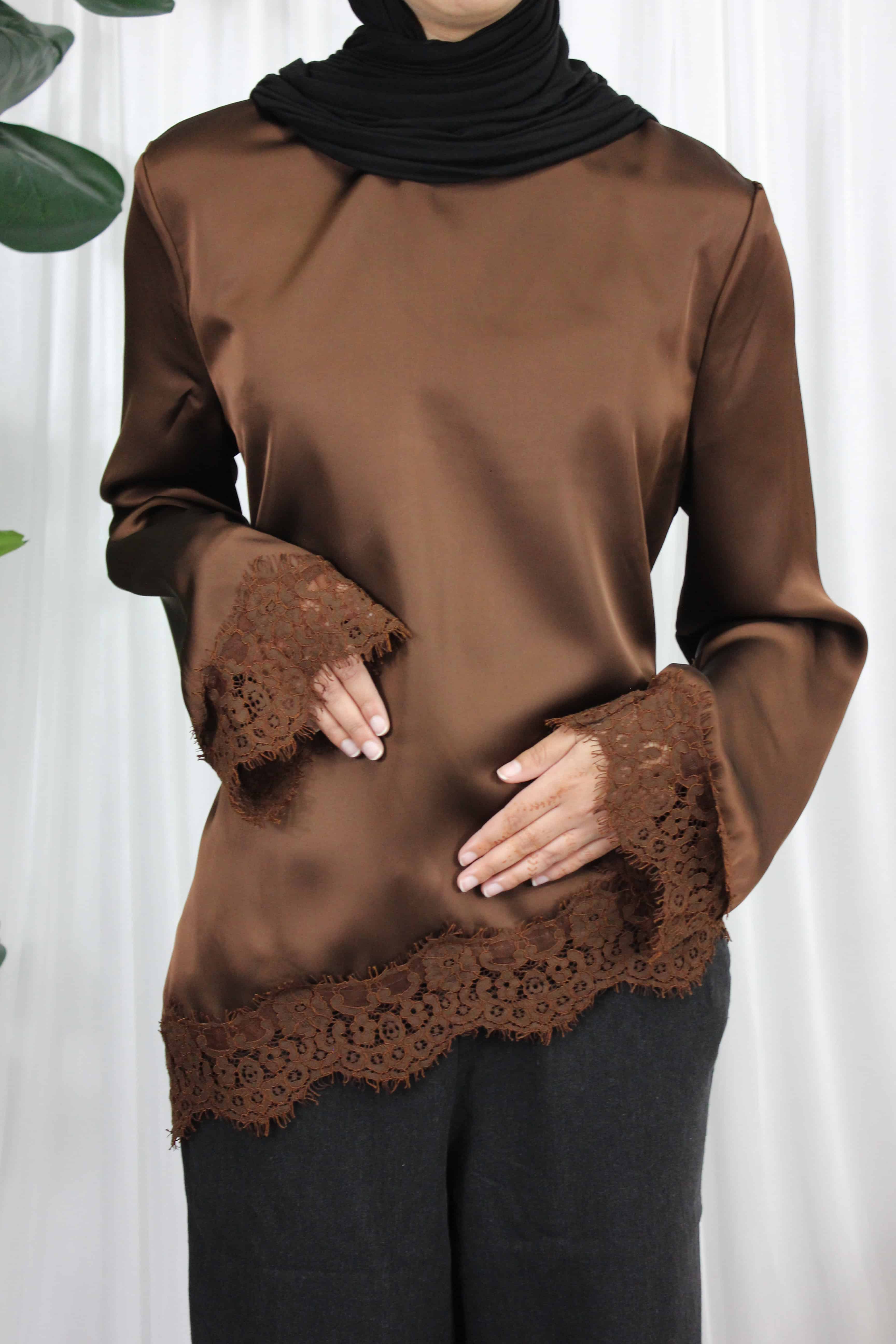 Brown Lace Trim Blouse