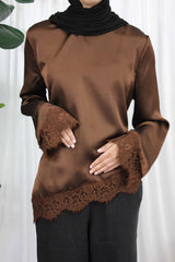 Brown Lace Trim Blouse