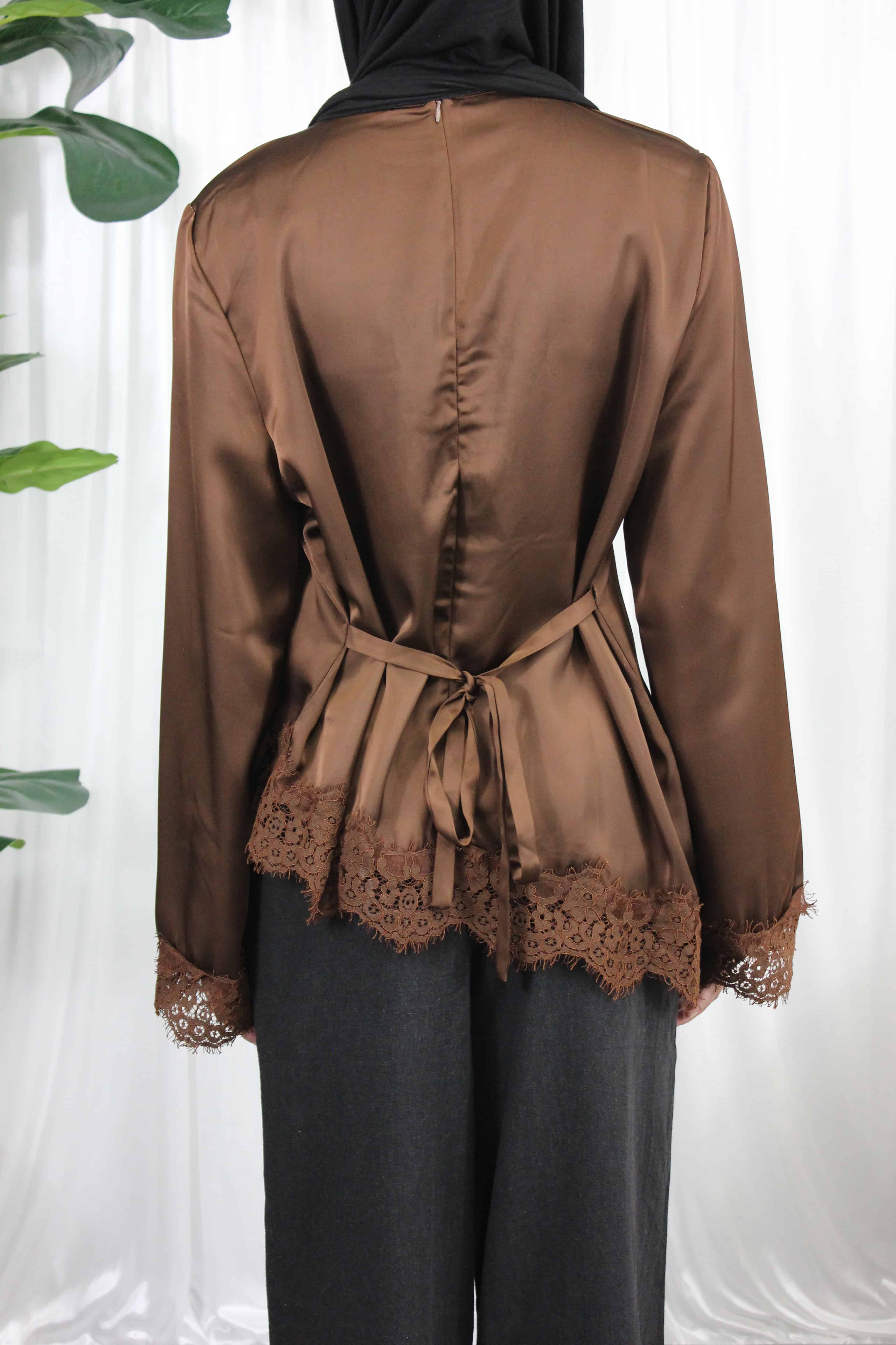 Brown Lace Trim Blouse