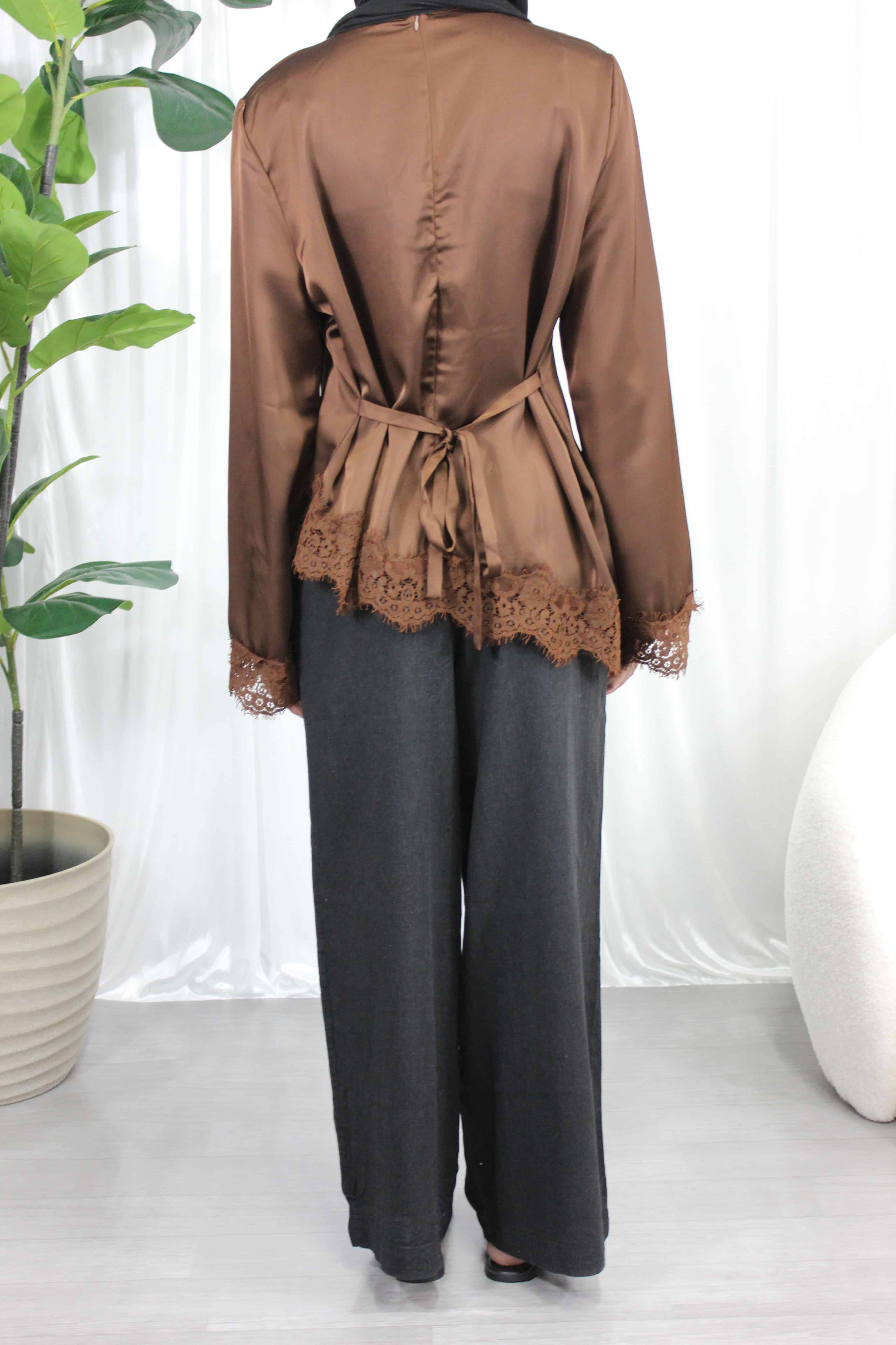 Brown Lace Trim Blouse