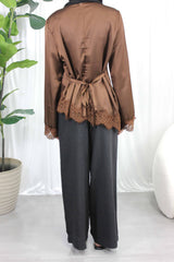Brown Lace Trim Blouse