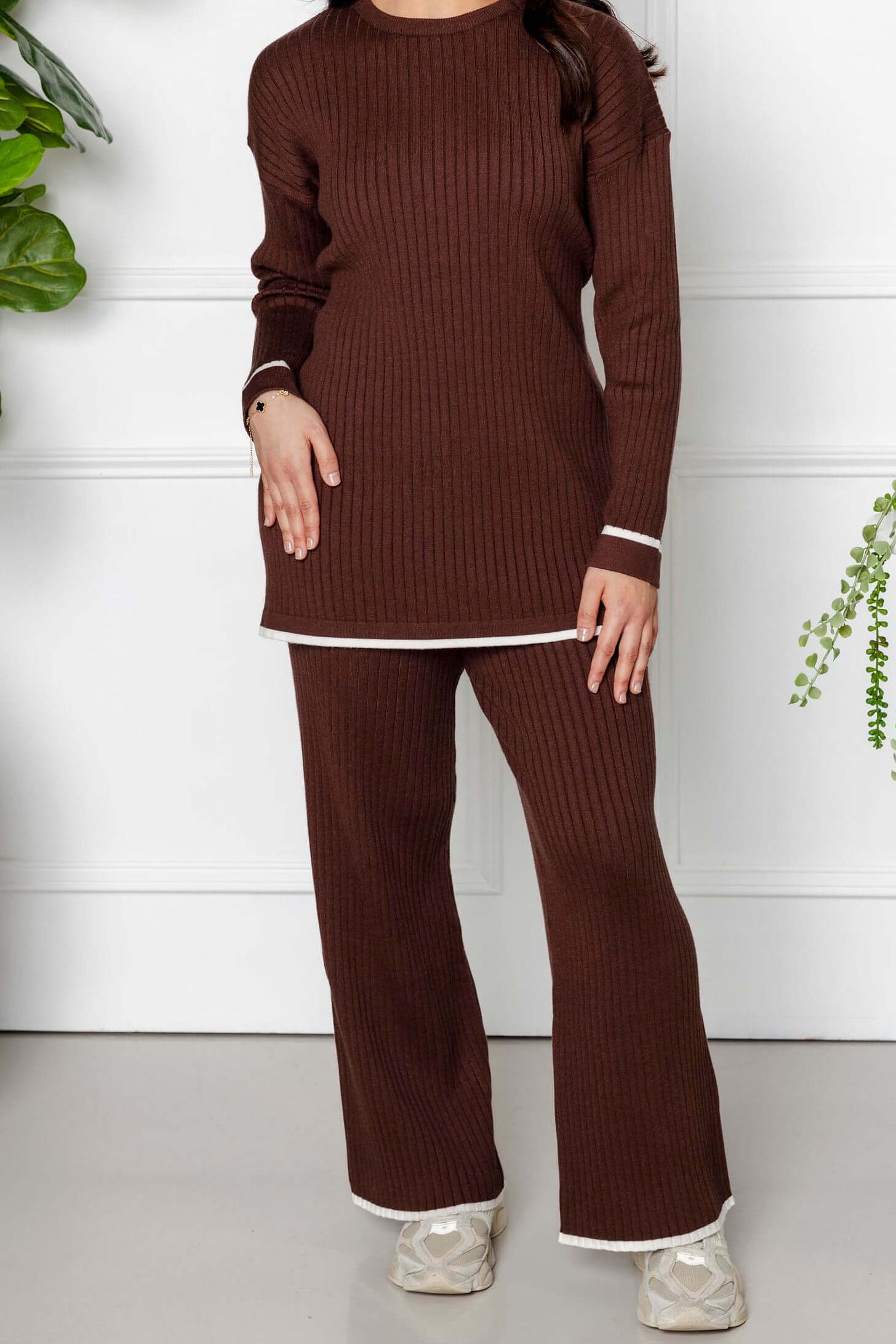 Sana Ribbed Knit Two Piece Set - Brown