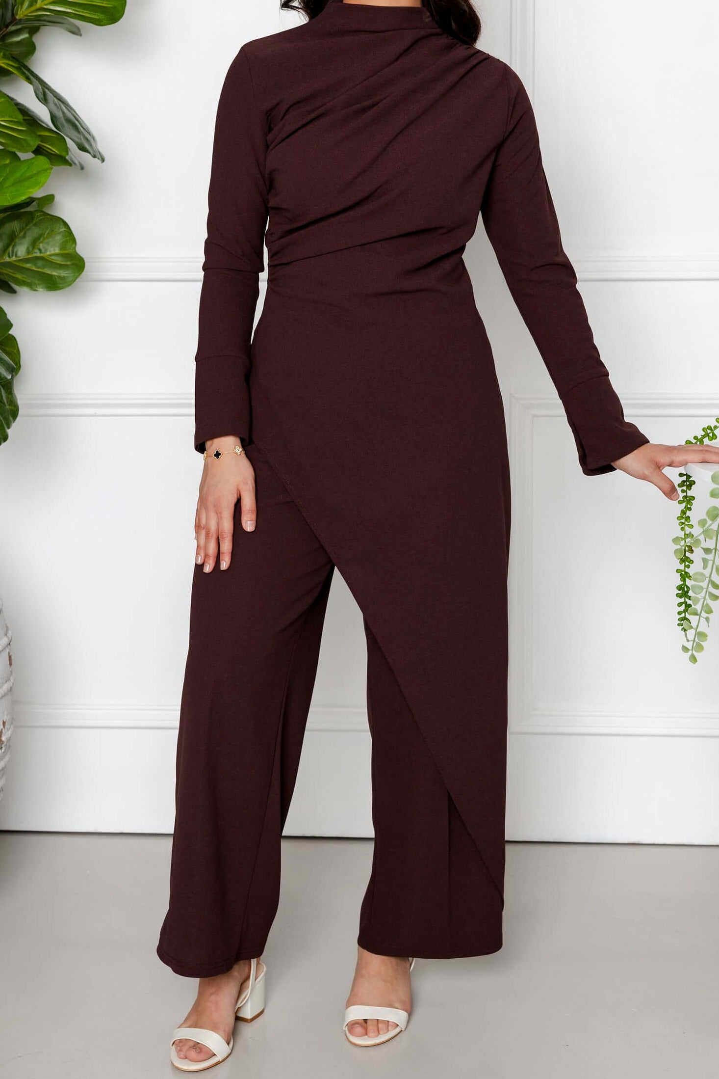 Layla Draped Two Piece Set with Asymmetric Top - Brown