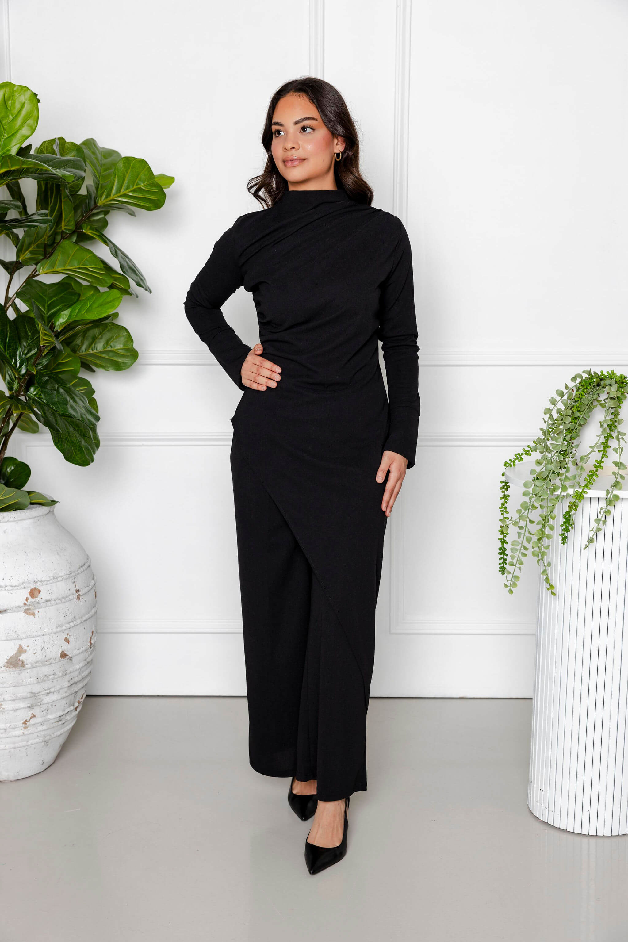 Layla Draped Two Piece Set with Asymmetric Top - Black